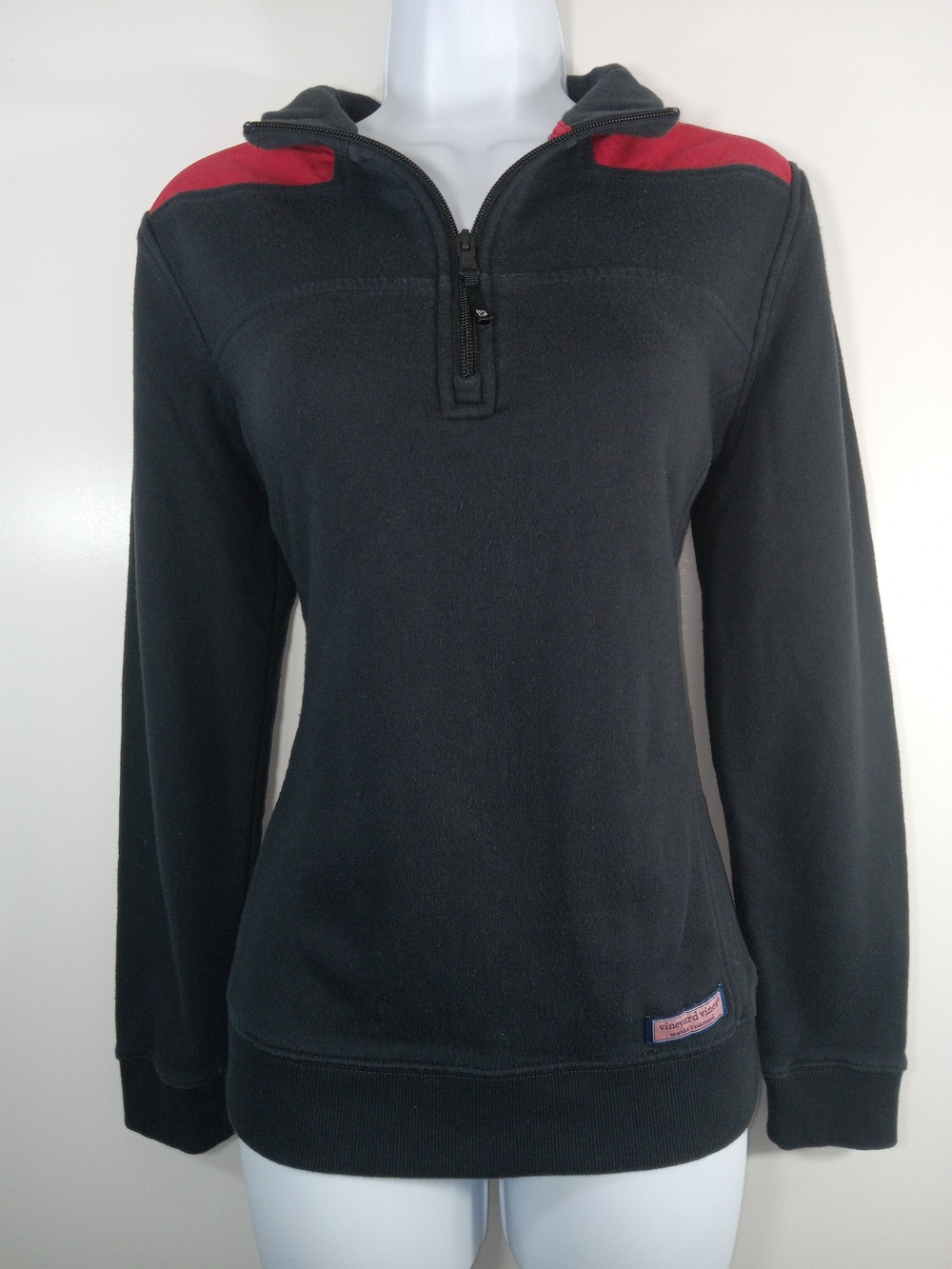 Vineyard Vines Black Quarter-Zip Pullover with Red Shoulder Panels